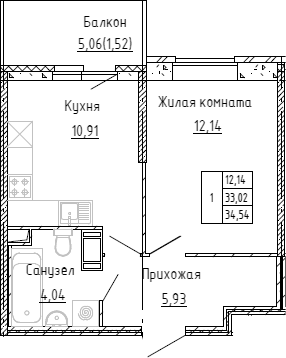 Планировка — Аквилон Stories, 1-комн., 33 м²