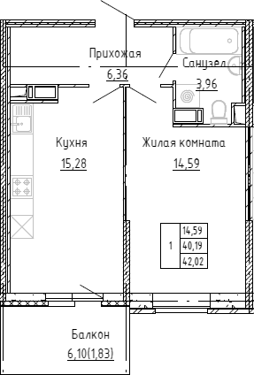 Планировка — Аквилон Stories, 1-комн., 40 м²