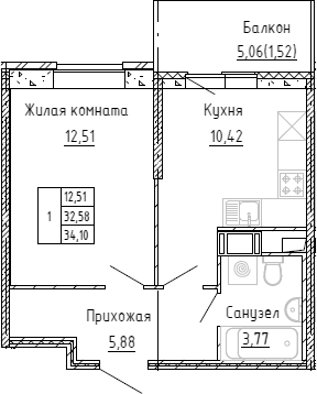 Планировка — Аквилон Stories, 1-комн., 33 м²