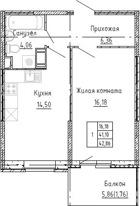 Планировка — Аквилон Stories, 1-комн., 41 м²