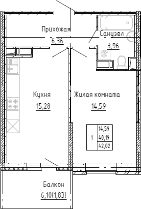 Планировка — Аквилон Stories, 1-комн., 40 м²