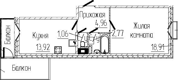 Планировка — SERTOLOVO PARK, 1-комн., 42 м²