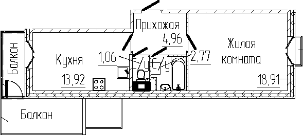 Планировка — SERTOLOVO PARK, 1-комн., 42 м²
