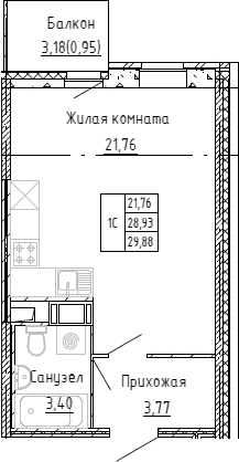 Планировка — Аквилон Stories, Студия, 29 м²