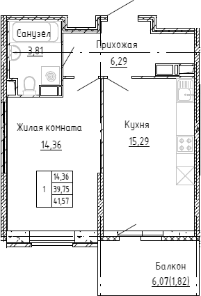 Планировка — Аквилон Stories, 2-комн., 39 м²