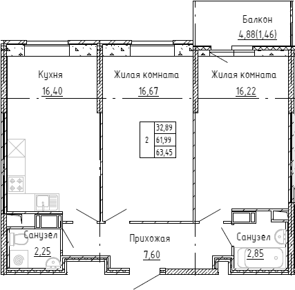 Планировка — Аквилон Stories, 2-комн., 62 м²