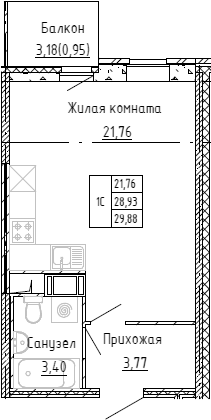 Планировка — Аквилон Stories, Студия, 29 м²