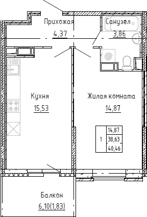 Планировка — Аквилон Stories, 2-комн., 40 м²