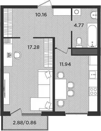 Планировка — Новокасимово, 1-комн., 44 м²