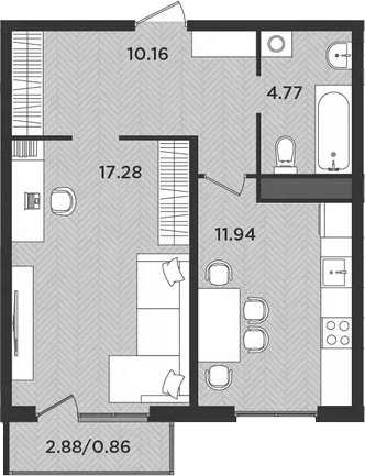Планировка — Новокасимово, 1-комн., 44 м²