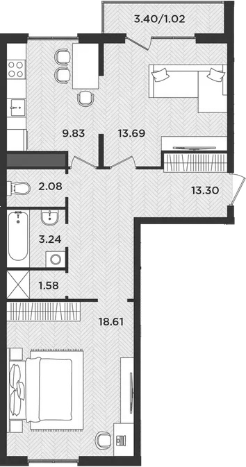 Планировка — Новокасимово, 2-комн., 62 м²
