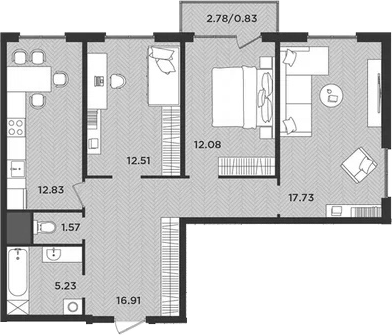 Планировка — Новокасимово, 3-комн., 79 м²