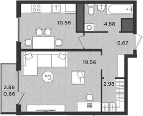 Планировка — Новокасимово, 1-комн., 45 м²