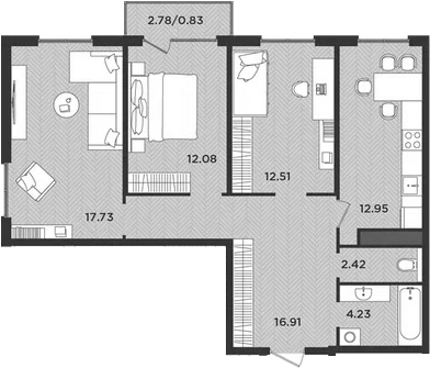 Планировка — Новокасимово, 3-комн., 79 м²