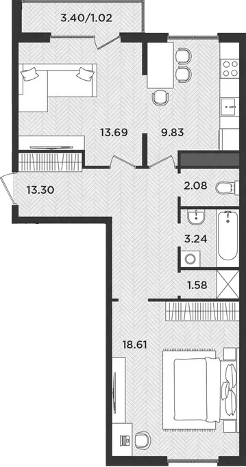 Планировка — Новокасимово, 2-комн., 62 м²