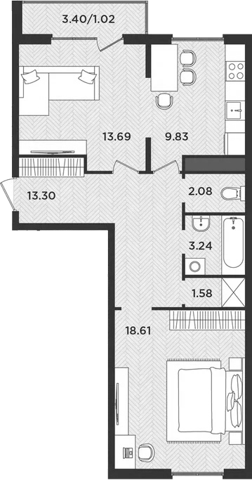 Планировка — Новокасимово, 2-комн., 62 м²