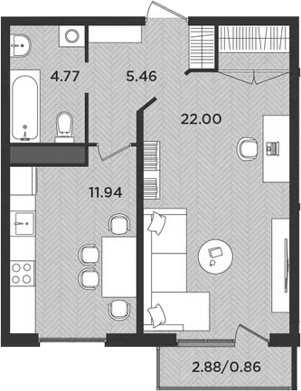 Планировка — Новокасимово, 1-комн., 44 м²