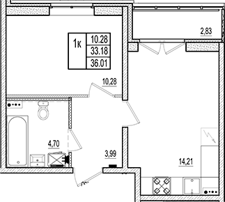 Планировка — Ново-Антропшино, 2-комн., 33 м²