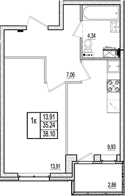 Планировка — Ново-Антропшино, 1-комн., 35 м²