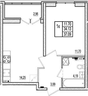 Планировка — Ново-Антропшино, 2-комн., 34 м²