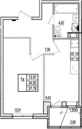 Планировка — Ново-Антропшино, 1-комн., 35 м²