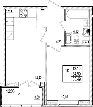 Планировка — Ново-Антропшино, 2-комн., 35 м²