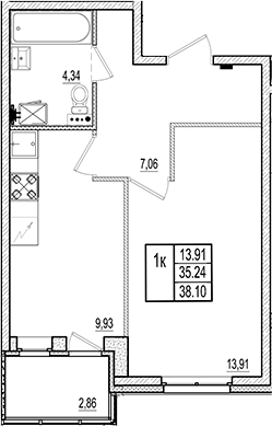 Планировка — Ново-Антропшино, 1-комн., 35 м²