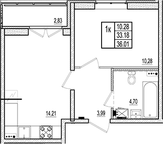 Планировка — Ново-Антропшино, 2-комн., 33 м²