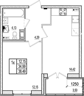 Планировка — Ново-Антропшино, 2-комн., 35 м²