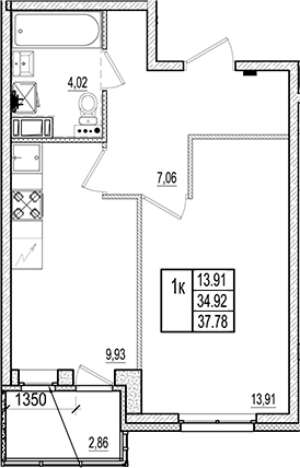 Планировка — Ново-Антропшино, 1-комн., 35 м²