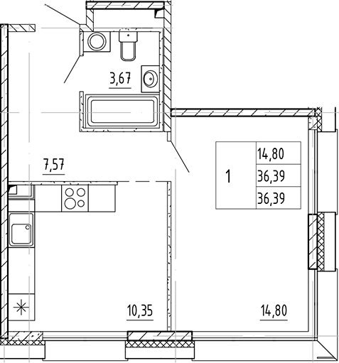 Планировка — PLUS Пулковский, 1-комн., 36 м²