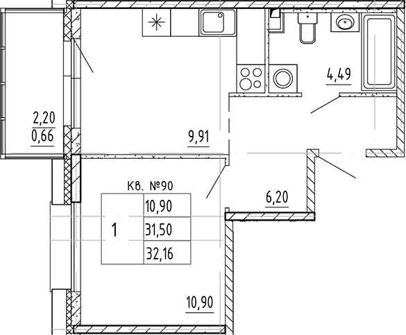 Планировка — PLUS Пулковский, 1-комн., 32 м²