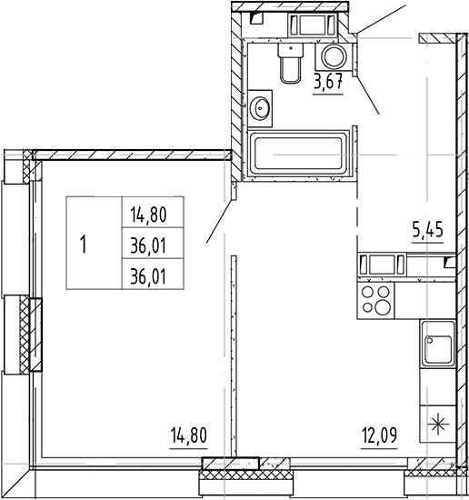 Планировка — PLUS Пулковский, 1-комн., 36 м²