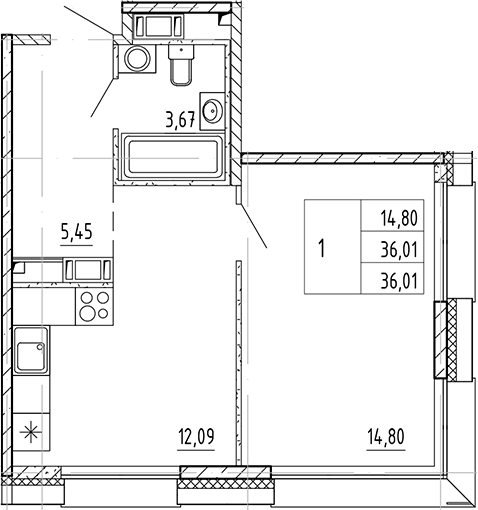 Планировка — PLUS Пулковский, 1-комн., 36 м²