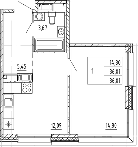 Планировка — PLUS Пулковский, 1-комн., 36 м²