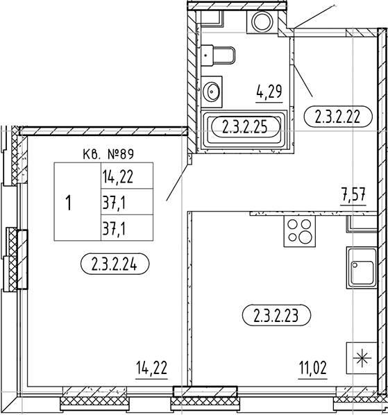 Планировка — PLUS Пулковский, 1-комн., 37 м²