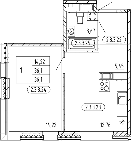 Планировка — PLUS Пулковский, 1-комн., 36 м²