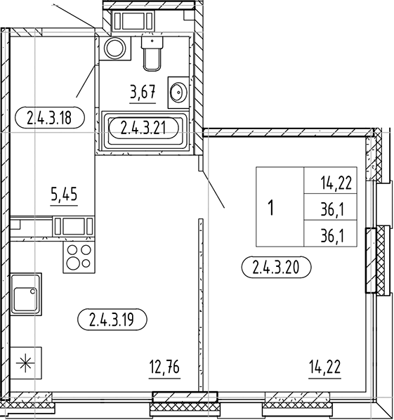 Планировка — PLUS Пулковский, 1-комн., 36 м²