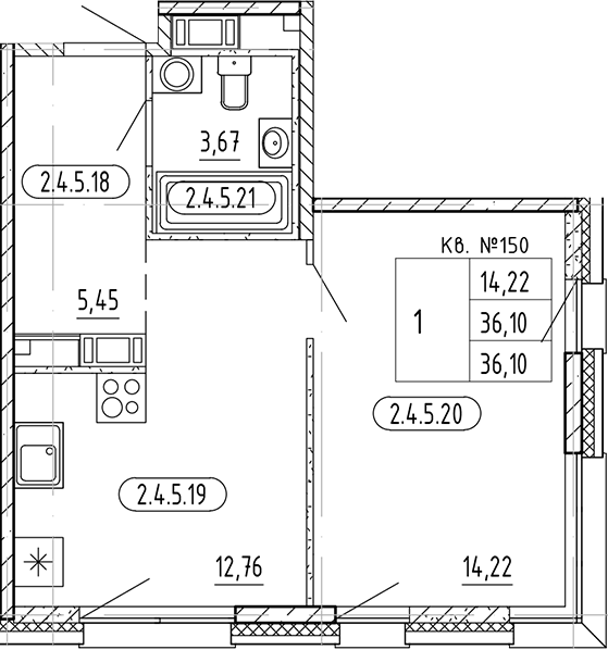 Планировка — PLUS Пулковский, 1-комн., 36 м²