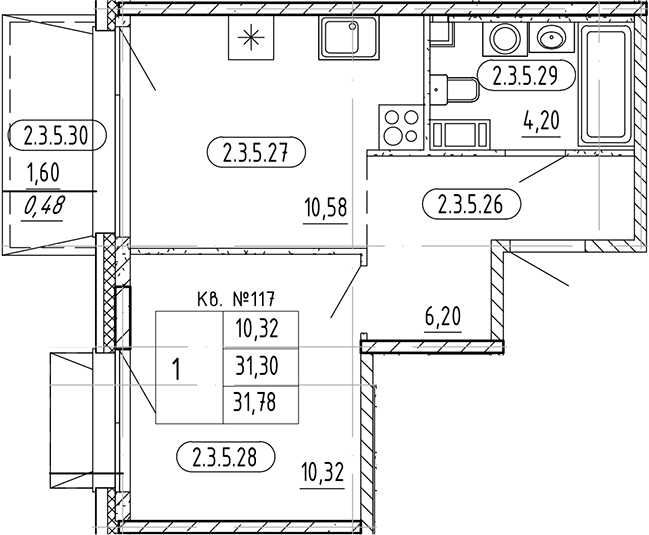 Планировка — PLUS Пулковский, 1-комн., 31 м²