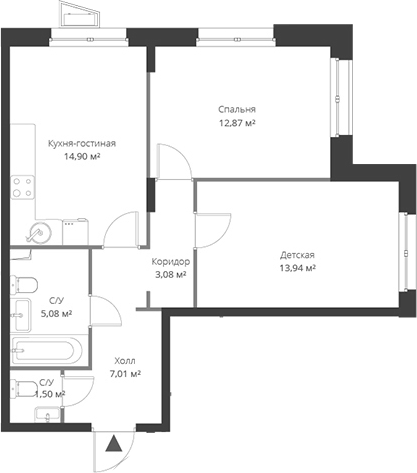 Планировка — ВЕРЕН НОРТ Cертолово, 3-комн., 58 м²