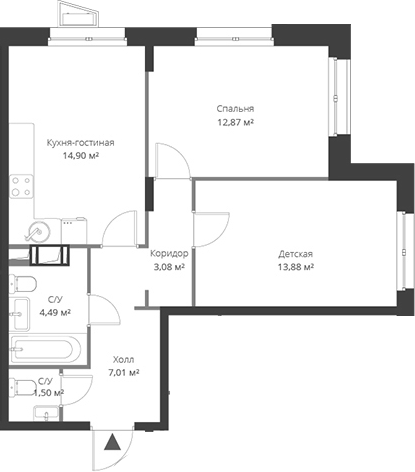 Планировка — ВЕРЕН НОРТ Cертолово, 3-комн., 58 м²