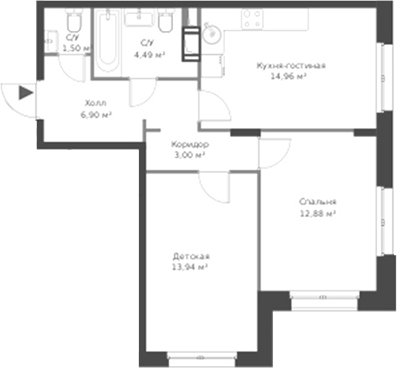 Планировка — ВЕРЕН НОРТ Cертолово, 3-комн., 58 м²