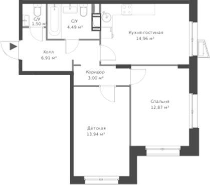 Планировка — ВЕРЕН НОРТ Cертолово, 3-комн., 58 м²