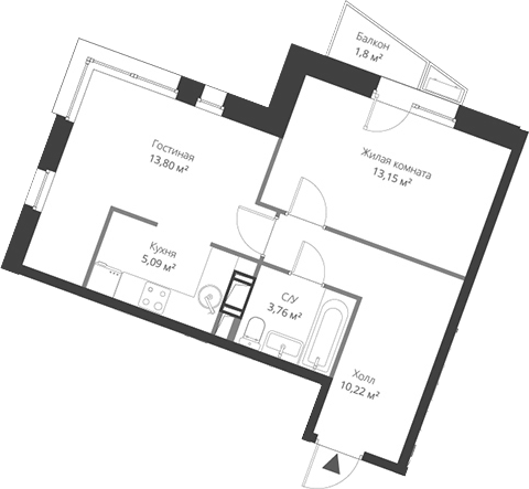 Планировка — ВЕРЕН НОРТ Cертолово, 2-комн., 46 м²