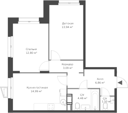 Планировка — ВЕРЕН НОРТ Cертолово, 3-комн., 58 м²