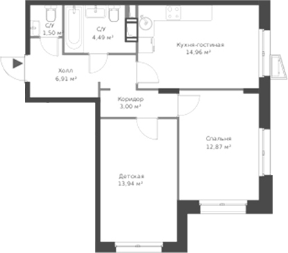 Планировка — ВЕРЕН НОРТ Cертолово, 3-комн., 58 м²