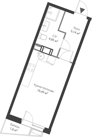 Планировка — ВЕРЕН НОРТ Cертолово, Студия, 26 м²