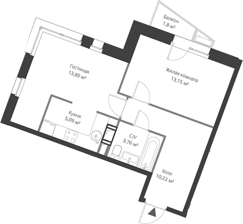 Планировка — ВЕРЕН НОРТ Cертолово, 2-комн., 46 м²