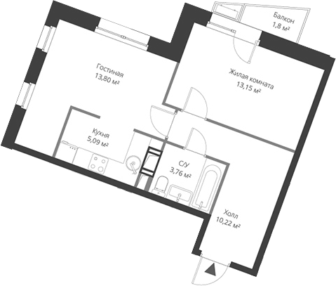 Планировка — ВЕРЕН НОРТ Cертолово, 2-комн., 46 м²
